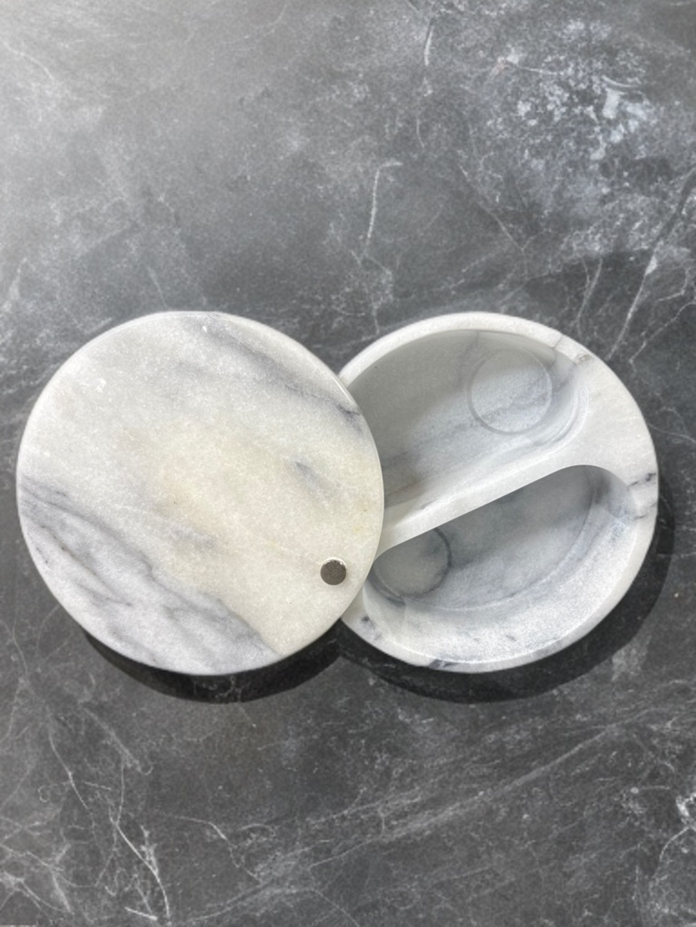 RSVP International white marble salt box with a functional swivel lid.